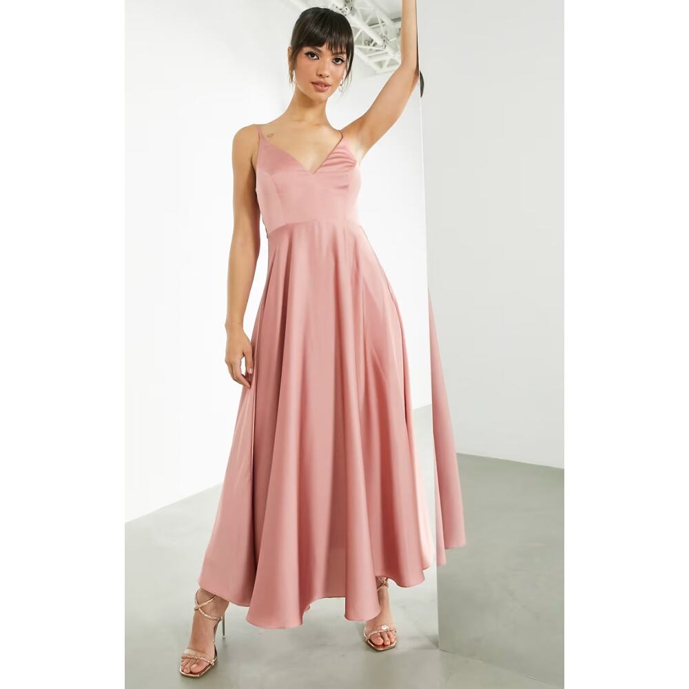 ASOS DESIGN Bridesmaid satin midi dress with tie back in dusky rose - Picture 2 of 4